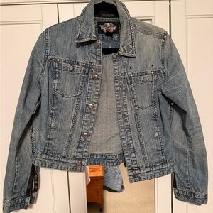 Harley-Davidson Blue Denim Jacket with Black Embroidered Back. Size XS